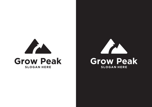 Mountain peak logo with analytical design vector illustration, arrow, growing. logo for business growth, business growing, icon for business, finance, travel, symbol, creative, logotype.