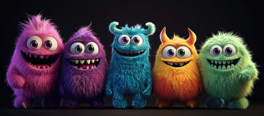 Fototapeta premium Five cute, fluffy, and furry monsters standing next to each other. They have different colors and shapes, and they all smile with big eyes against a black background.