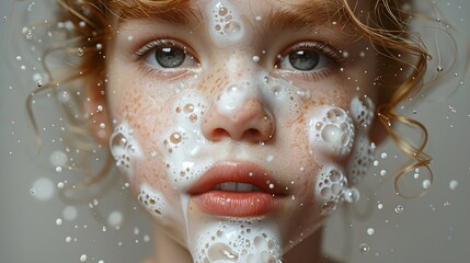 Close Up Portrait of a Woman with Bubbles on Her Face