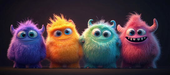 Fototapeta premium Five cute, fluffy, and furry monsters standing next to each other. They have different colors and shapes, and they all smile with big eyes against a black background.