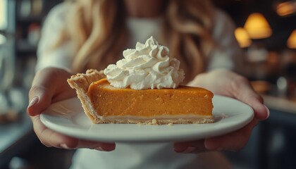 Friendly waitress serving homemade pumpkin pie with whipped cream in cozy cafe setting
