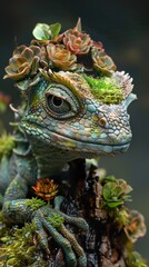 Fototapeta premium Close-Up of a Green Lizard with Flowers on its Head