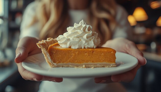 Friendly waitress serving homemade pumpkin pie with whipped cream in cozy cafe setting