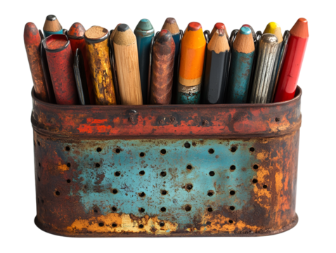 a rusty metal container full of pencils. 