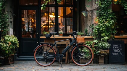 Fototapeta premium A black bicycle with a brown basket sits outside a cafe in the city.