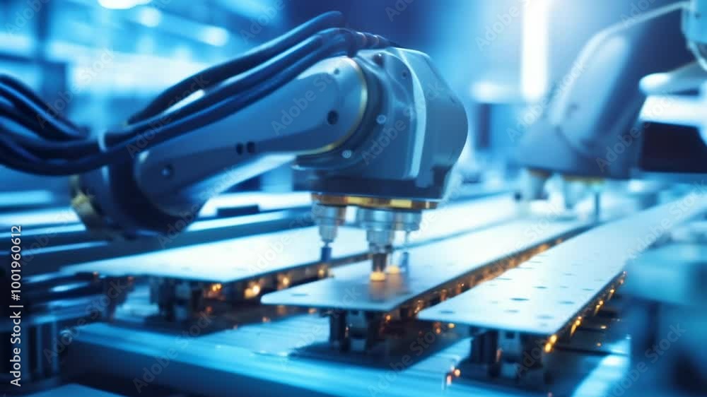 Aufkleber Robotic arm is assembling a circuit board in a factory, soldering components onto it with precision. The image evokes high tech manufacturing and automation
