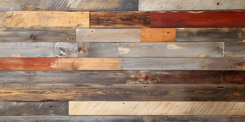 A wooden wall with many different colored boards. The wall is made of wood and has a rustic feel.