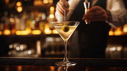Bartender preparing a classic martini on National Bartender Day at a bustling cocktail bar