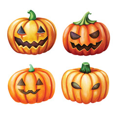 Assortment of Jack-o'-lanterns with various spooky expressions