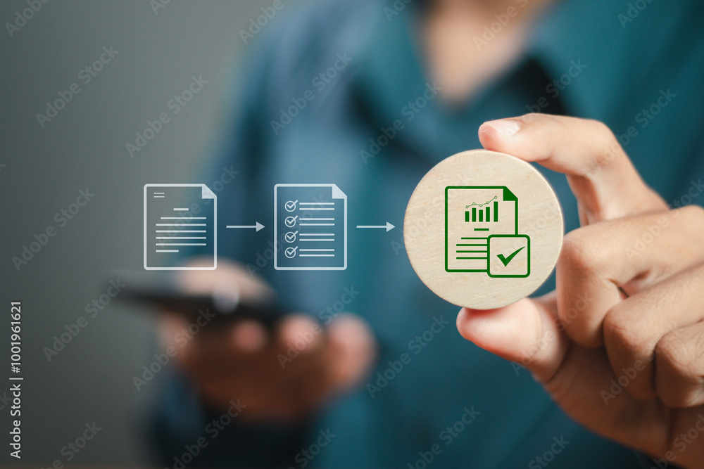 Poster businessman holding wooden block with document approval icon to paperless online approval for busine