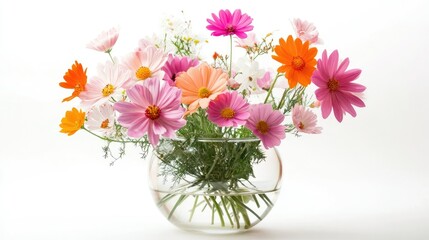 Obraz premium A beautiful arrangement of delicate pink and orange flowers in a clear glass vase on a white background.