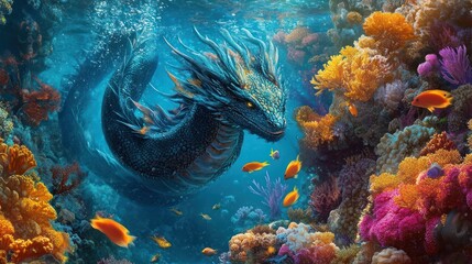 A blue dragon swims through a colorful coral reef with yellow fish.
