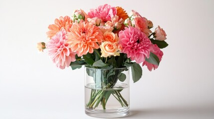A clear glass vase filled with vibrant pink and orange flowers, set against a light neutral background.