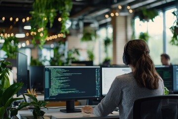 An open-plan office with a tech-savvy vibe, multiple monitors on desks and employees discussing code on whiteboards, Generative AI