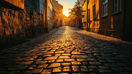 Obraz premium A cobblestone street illuminated by the golden hues of the setting sun, casting long shadows between historic buildings.