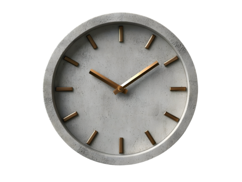 Modern wall clock with minimalist design, showcasing a concrete finish and bronze hands, isolated on white background.