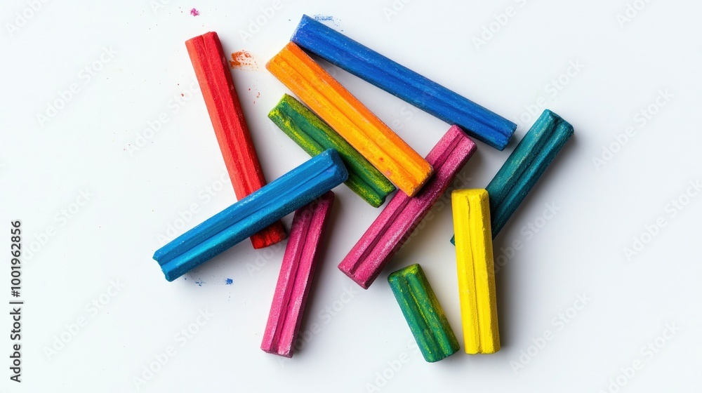 Poster a collection of vibrant chalk sticks in different colors scattered randomly across a white backgroun