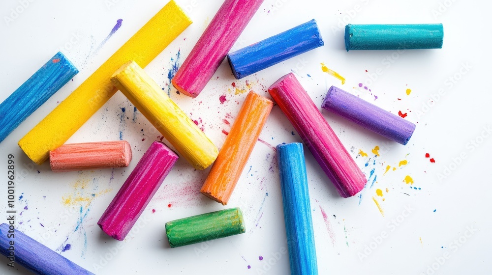 Poster a collection of vibrant chalk sticks in different colors scattered randomly across a white backgroun