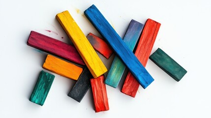 Fototapeta premium A collection of vibrant chalk sticks in different colors scattered randomly across a white background, creating a playful, artistic vibe.
