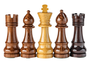 Set of chess pieces in various shades on a white isolated background.