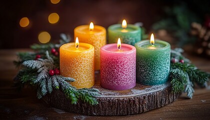 Festive Candle-lit Advent Wreath on Wooden Table with Colorful Candles for Holiday Countdown