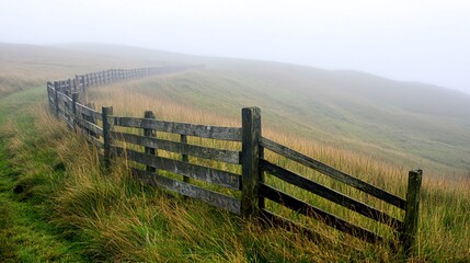 Fototapeta premium A wooden fence winds through a grassy field on a foggy day.