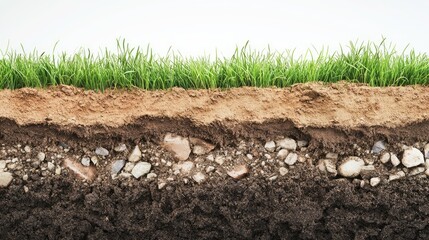A detailed cross-section of green grass and soil layers, showing rich earth beneath the surface.