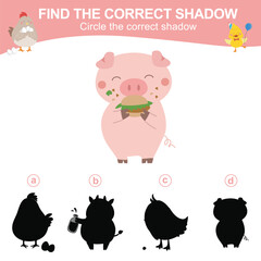 Matching shadow game for children. Find the correct shadow. Circle the correct shadow. Worksheet for kid. Printable activity page for kids. Learning Game. 