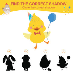 Matching shadow game for children. Find the correct shadow. Circle the correct shadow. Worksheet for kid. Printable activity page for kids. Learning Game. 