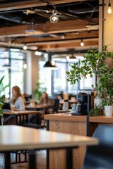Fototapeta premium A modern open office with a central coffee bar, employees taking breaks and socializing over coffee, Generative AI