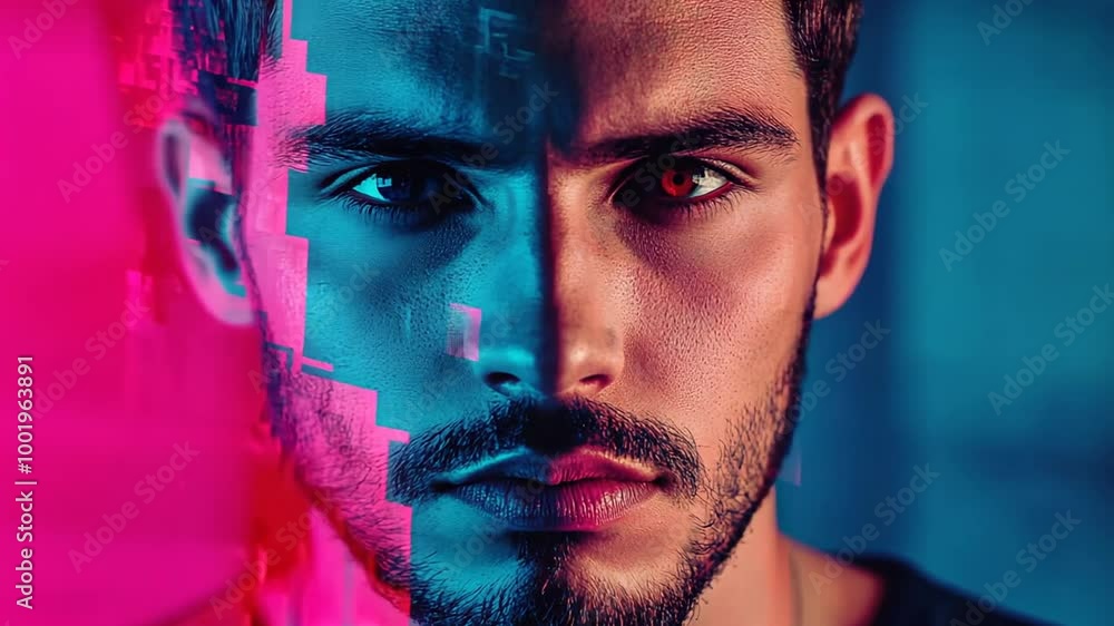 Poster portrait of a young man with dual lighting effects in a modern setting generative ai