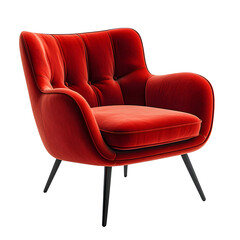 Obraz premium Stylish red velvet armchair with a modern design on a white isolated background.