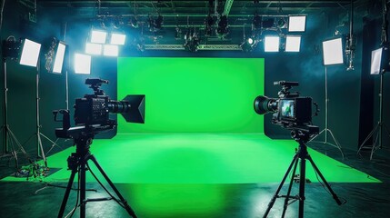 A fully equipped video recording studio with cutting-edge cameras, green screen setup, and bright studio lights overhead.