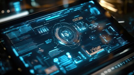 Fototapeta premium A futuristic laptop screen with smart technology data, icons, and digital holographic designs on display.