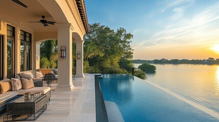 Infinity Pool and Patio Overlooking a Sunset Lake