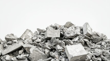A heap of gray, rugged concrete debris against a simple white backdrop, symbolizing destruction or demolition in an urban setting.