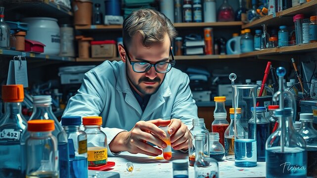 A bespectacled researcher sits intently at a cluttered laboratory table, surrounded by beakers, test tubes, and various scientific instruments, with a gaze focused on small sample.