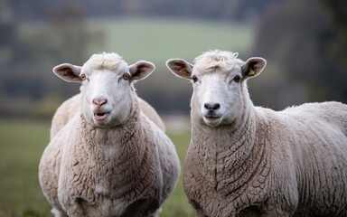 Obraz premium A photo of two ewes with their faces in focus, standing in a field. 