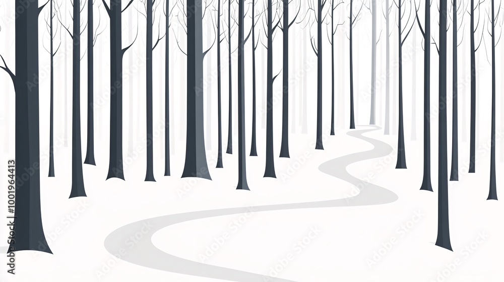Poster A winding path through a snowy forest with bare trees in a minimalist style.