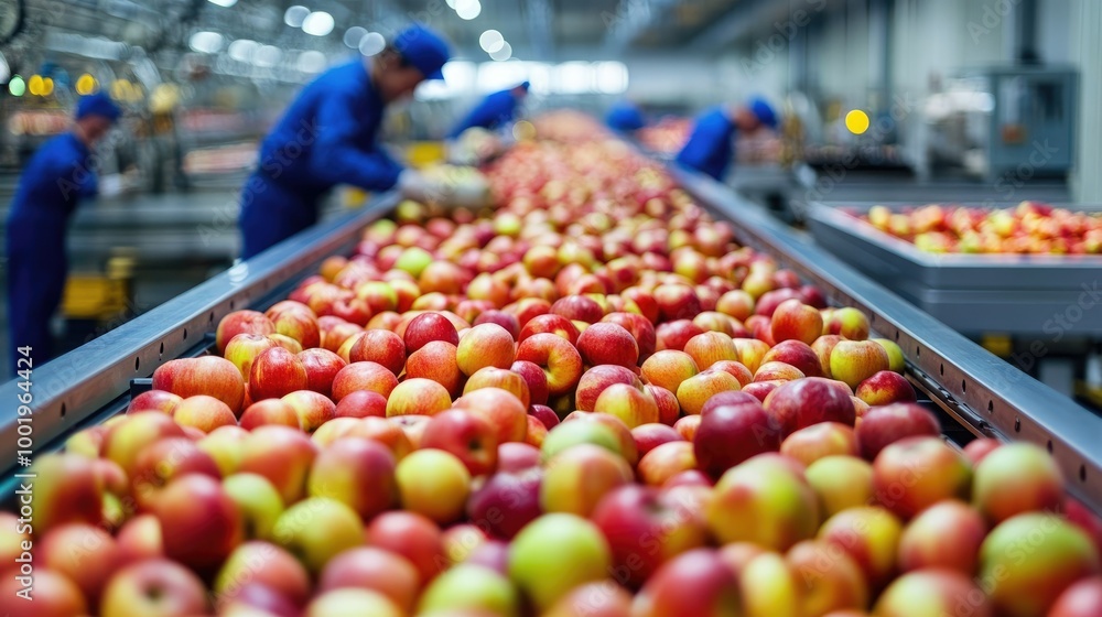 Poster a large factory with conveyor belts sorting apples, with workers checking quality control and automa