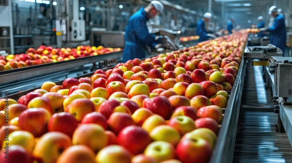 Poster a large factory with conveyor belts sorting apples, with workers checking quality control and automa