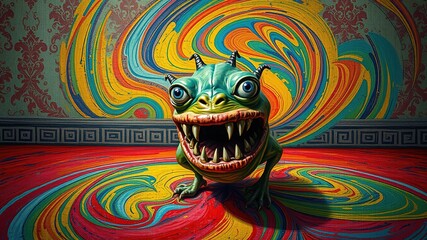 A distorted, cartoonish creature with multiple eyes, sharp teeth, and a bulbous body emerges from a swirling pattern of bright colors on a traditional, textured wallpaper background.