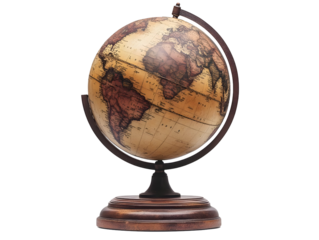 Vintage globe on a wooden base showcasing the world's continents.