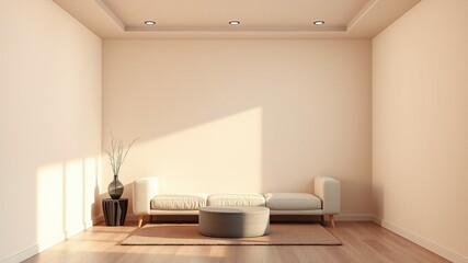 A modern, minimalist room interior design featuring a soothing color palette of natural tones, seamlessly blending walls, floor, and ceiling in a sleek