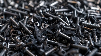 A large pile of mixed screws of various sizes and shapes in a metallic grey tone.
