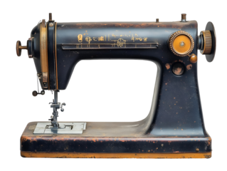 Vintage sewing machine on a white isolated background, showcasing classic craftsmanship and design intricacies.