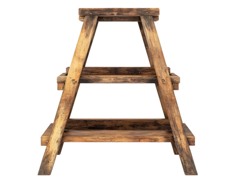 Wooden ladder with a rustic finish, isolated on a white background.