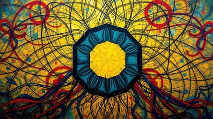 A stylized octagon shape rises from a complex network of abstract lines, its symmetrical geometry dominating the composition amidst a sea of intricate, swirling patterns.