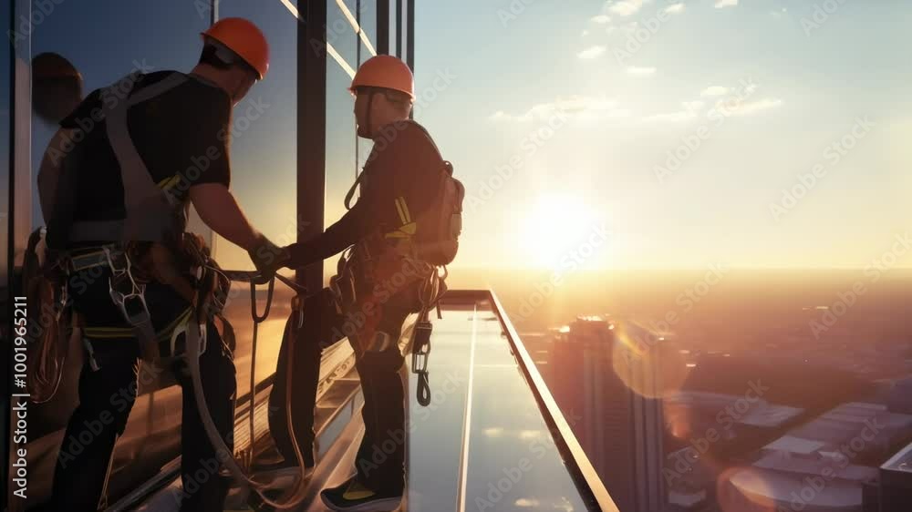 Poster two skilled climbers secure ropes on glass platform on high rise building facade at sunset, ensuring