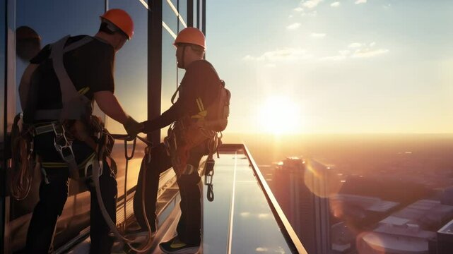 Two skilled climbers secure ropes on glass platform on high rise building facade at sunset, ensuring safety while descending. Professional teamwork in dangerous maintenance task